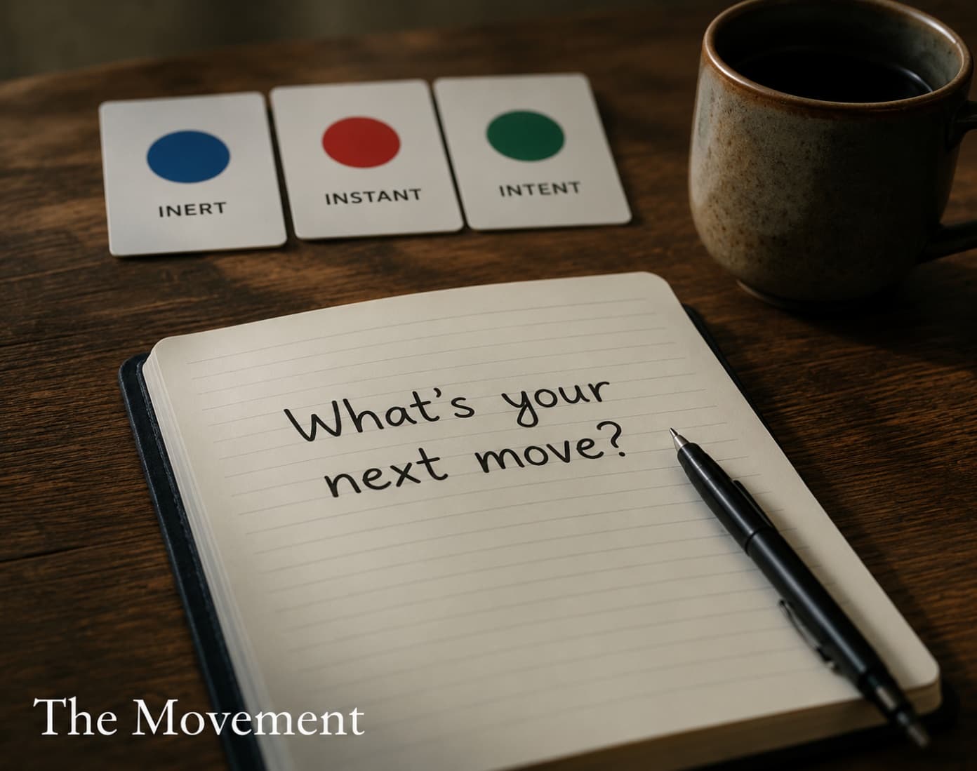 Cards marked Inert, Instant and Intent beside a notebook reading 'What's your next move?'