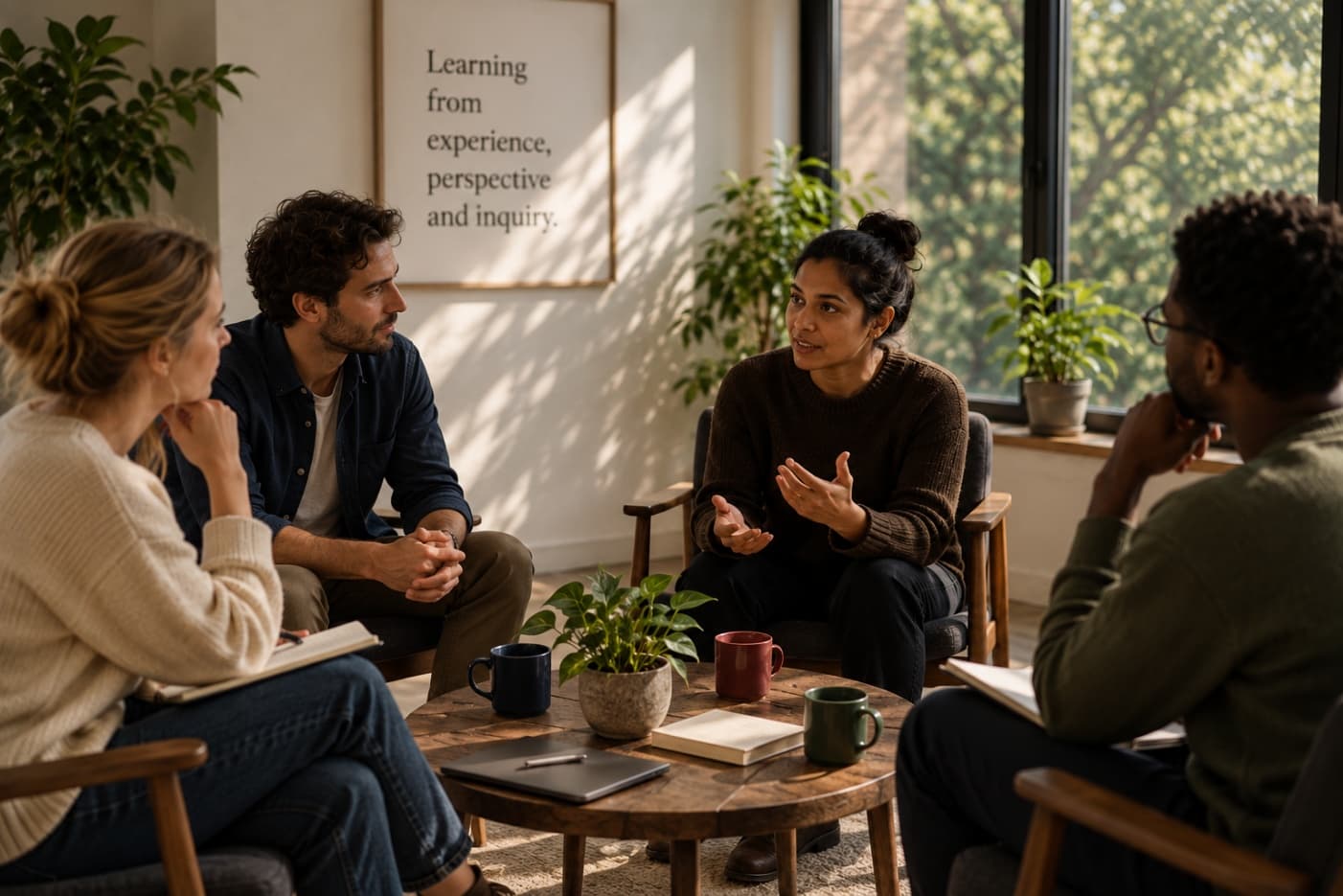 Four people in dialogue beneath a sign reading 'Learning from experience, perspective and inquiry'