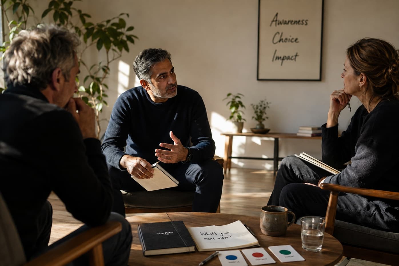 Three people in focused conversation around a table with a notebook reading 'What's your next move?'