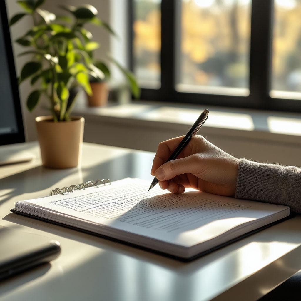 A hand writing in a notebook at a sunlit desk